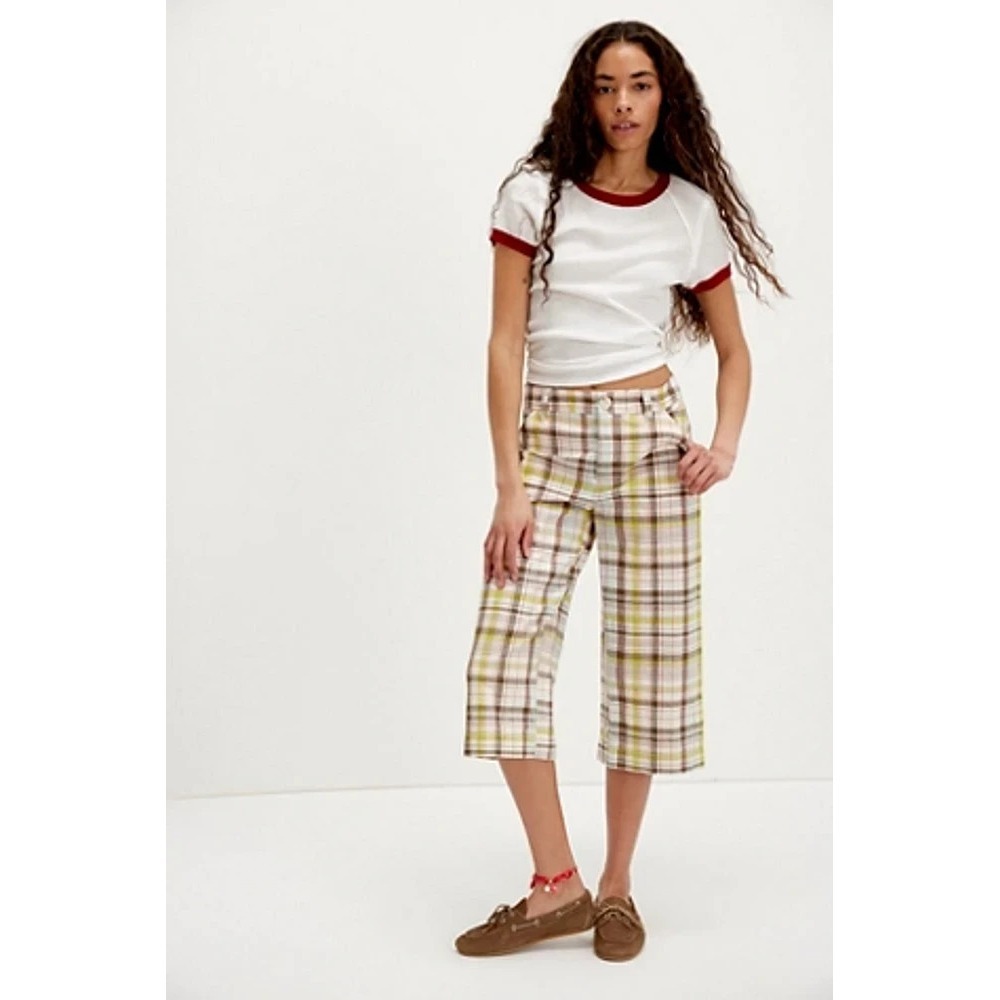 Free People Bay Course Charlie Plaid Cropped Pants NWT Women's 6 Boho‎ Chic